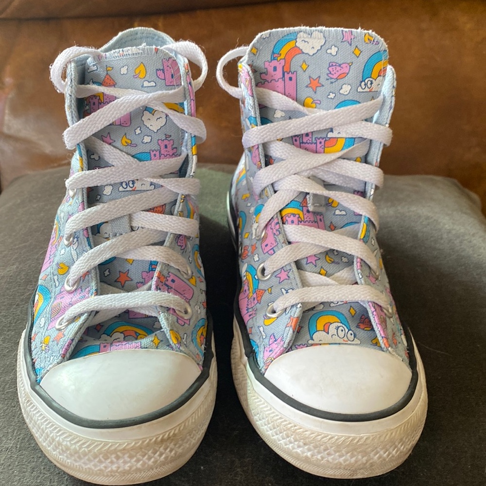 Kids Converse Castle and Rainbows, size 1, Blue background with Pink Castles